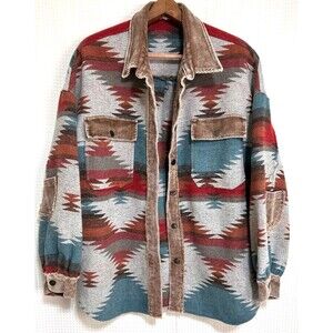 POL Aztec Native Print Jacket Raw Hem Fringe Coat Boho Oversized Size Large